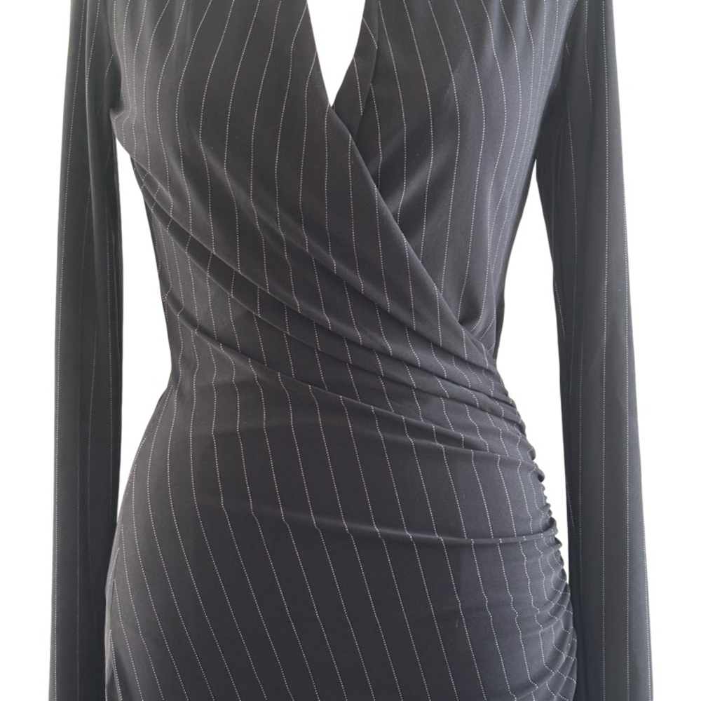 Norma Kamali Faux Wrap Jersey Pinstripe Sheath Maxi Dress in Black Size XS - Picture 5 of 11